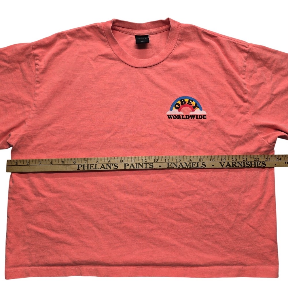 Obey Worldwide Graphic Boxy Cropped T-Shirt Pink Rainbow Look Dont Touch Large - Picture 7 of 9